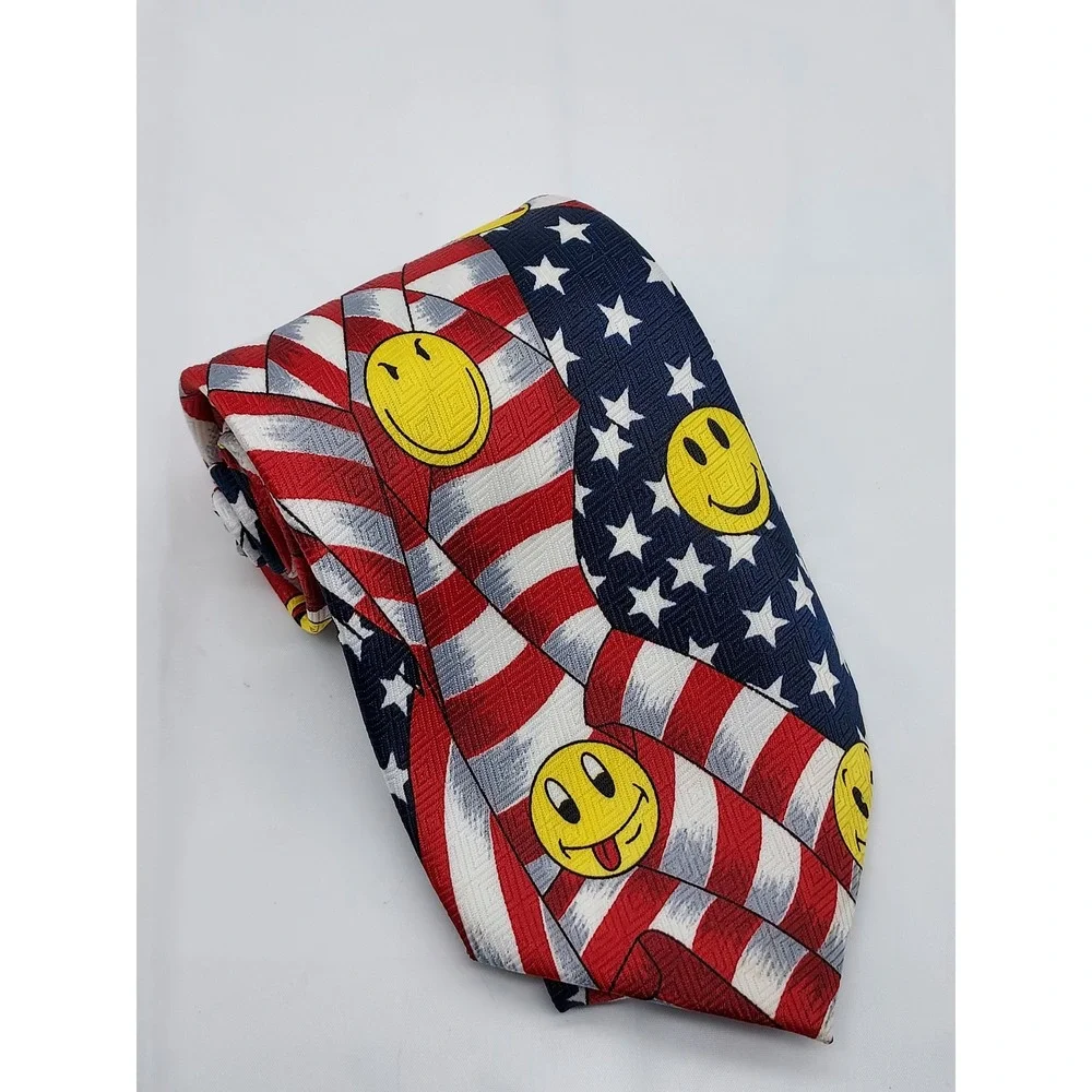 Deborah Hand Made Men American Flag Smiley Face Patriotic Necktie Red White Blue